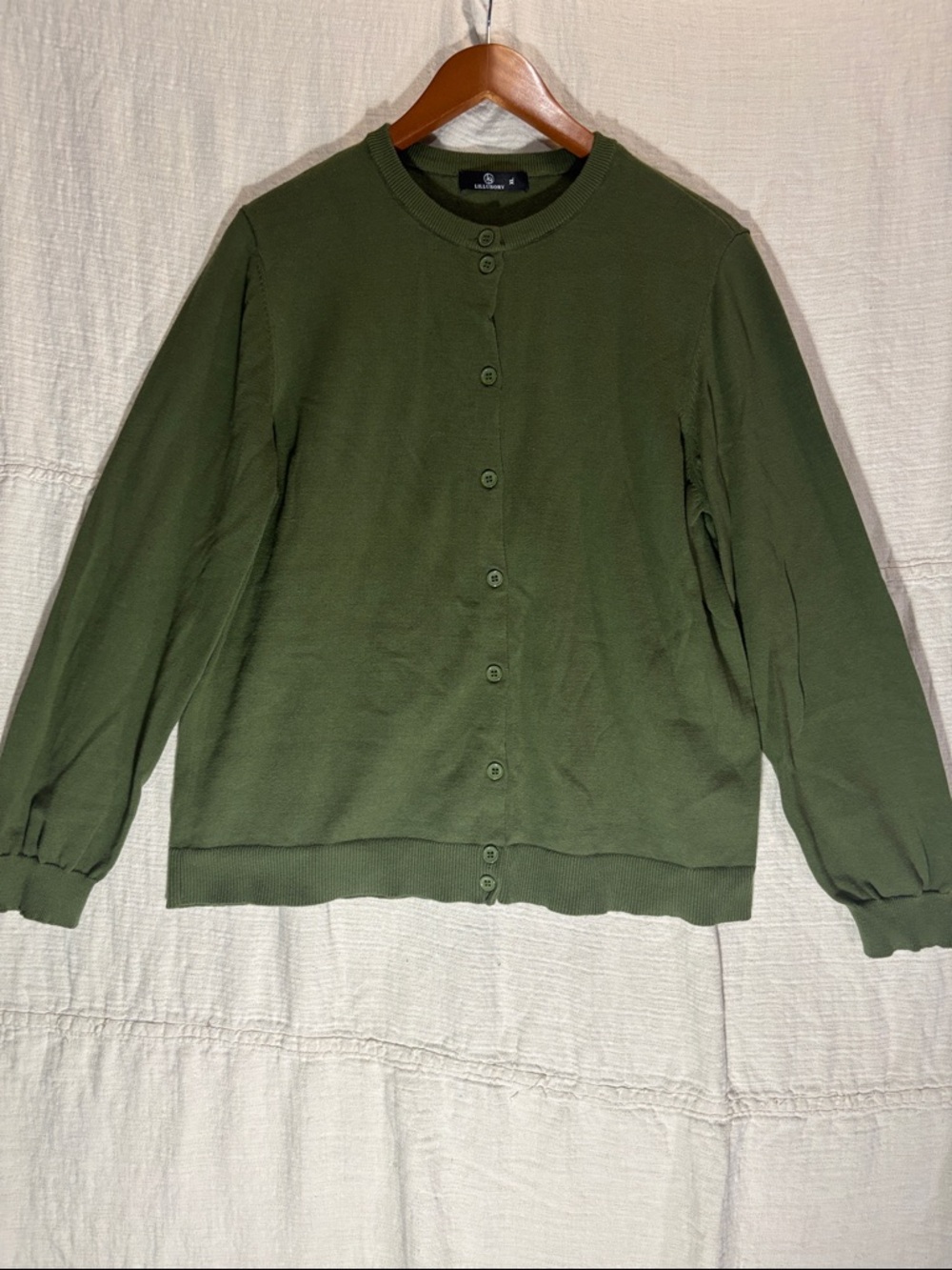 Women’s Olive Green Crewneck Button-Front Cardigan 100% Cotton - Picture 4 of 9